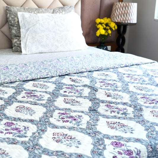 Violet Bloom Reversible Hand Block Printed Cotton Quilt