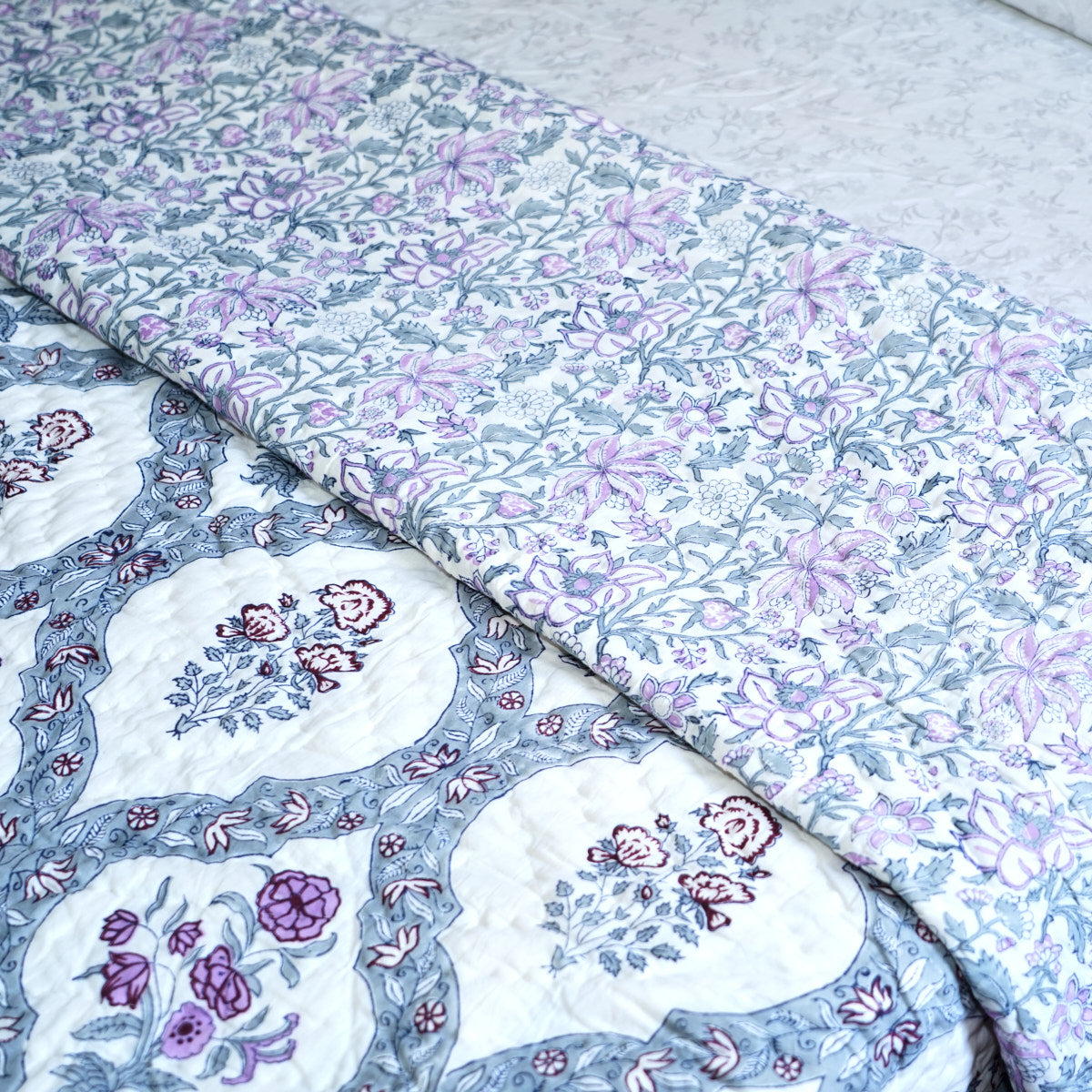Violet Bloom Reversible Hand Block Printed Cotton Quilt