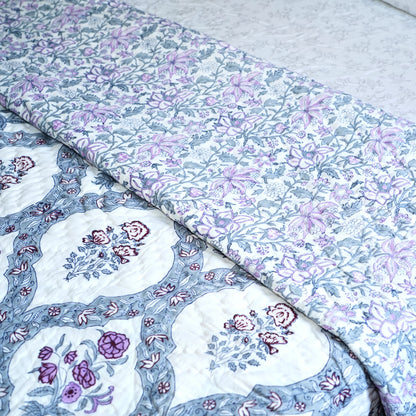 Violet Bloom Reversible Hand Block Printed Cotton Quilt