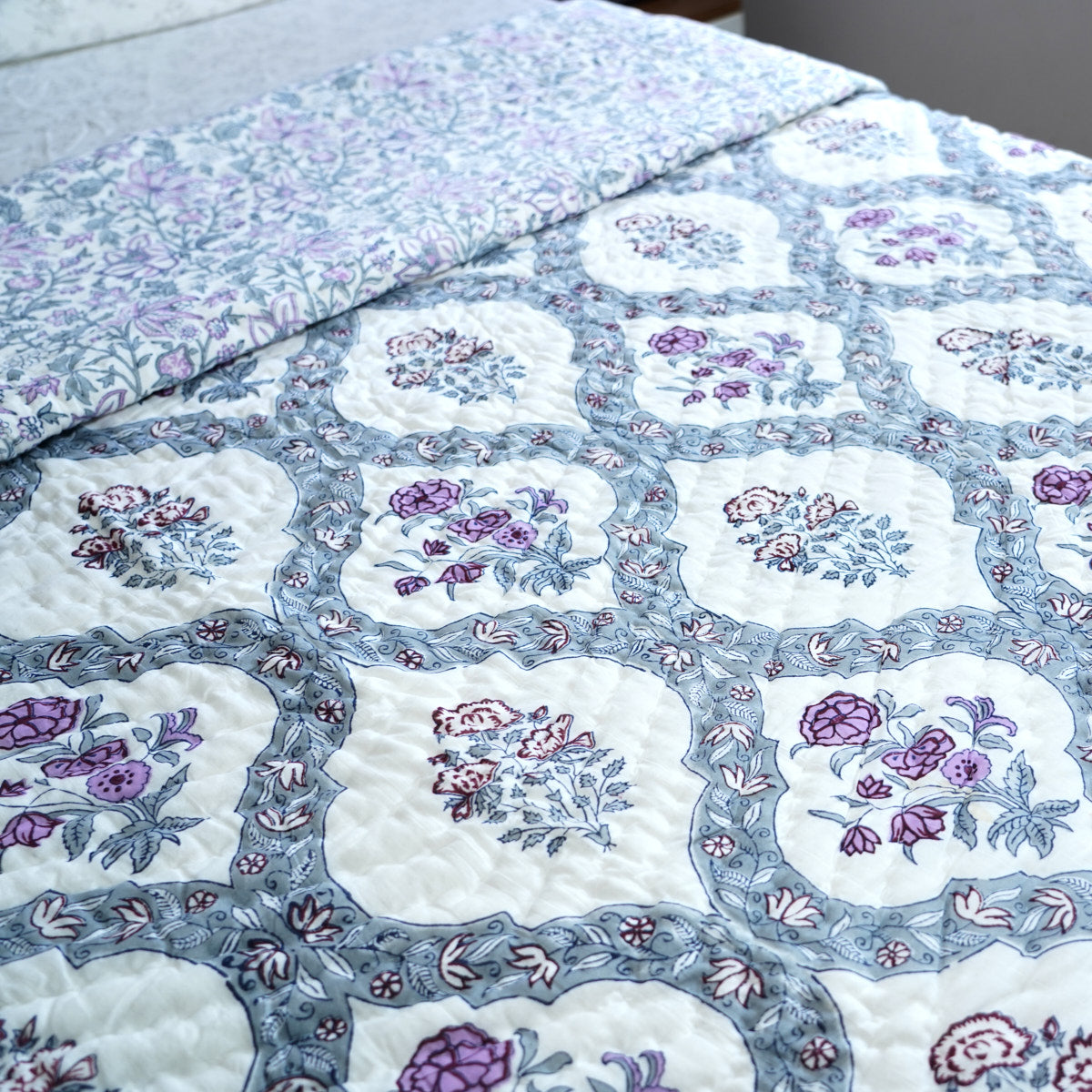 Violet Bloom Reversible Hand Block Printed Cotton Quilt