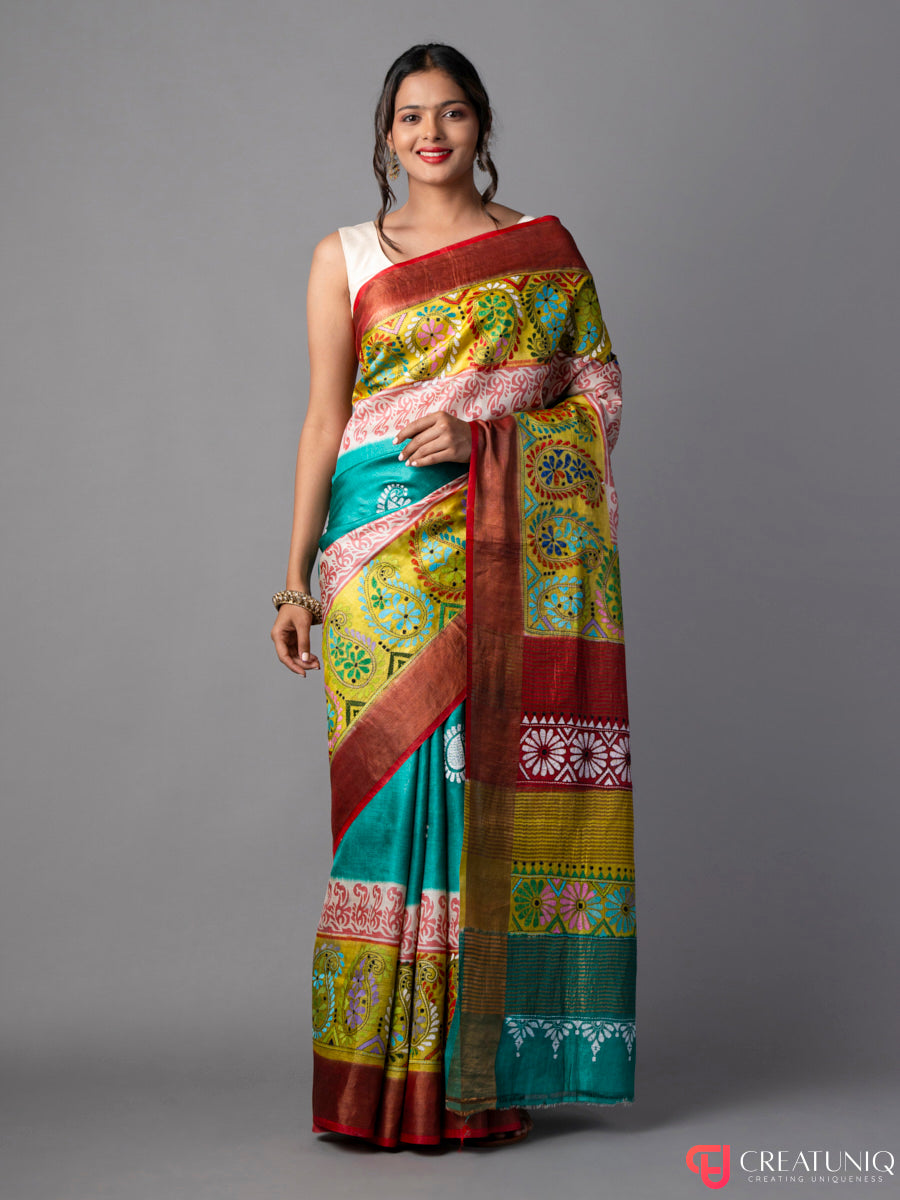 Vivid Petals Kantha Embroidered Silk Saree