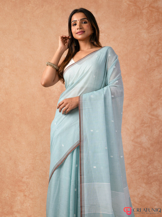 White Ball Buti Handloom Bengal Pure Cotton Saree – Sky Blue