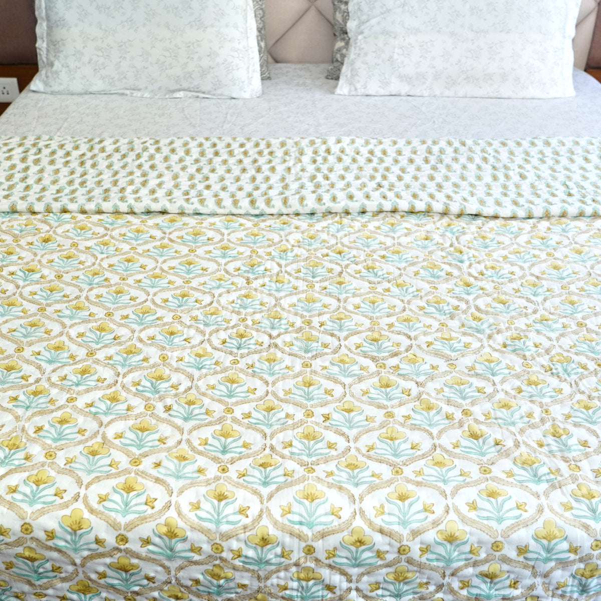 Yellow Bloom Trellis Reversible Hand Block Printed Cotton Quilt