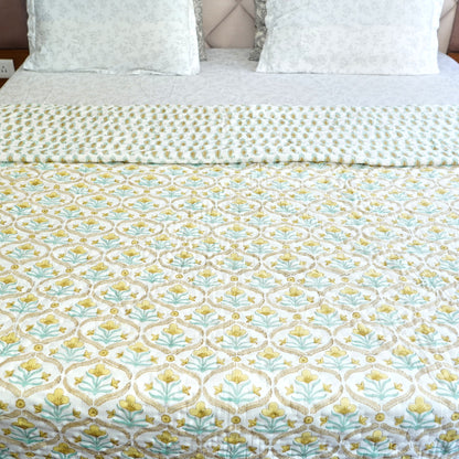 Yellow Bloom Trellis Reversible Hand Block Printed Cotton Quilt
