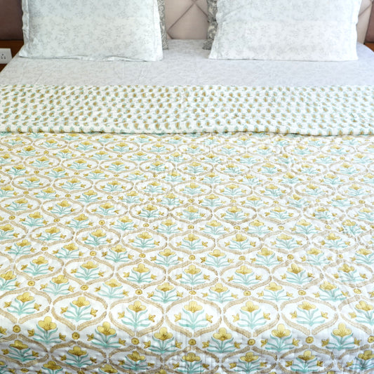 Yellow Bloom Trellis Reversible Hand Block Printed Cotton Quilt