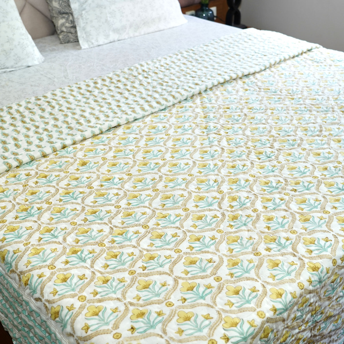 Yellow Bloom Trellis Reversible Hand Block Printed Cotton Quilt