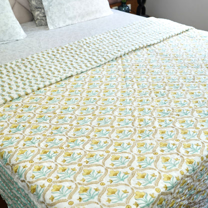 Yellow Bloom Trellis Reversible Hand Block Printed Cotton Quilt