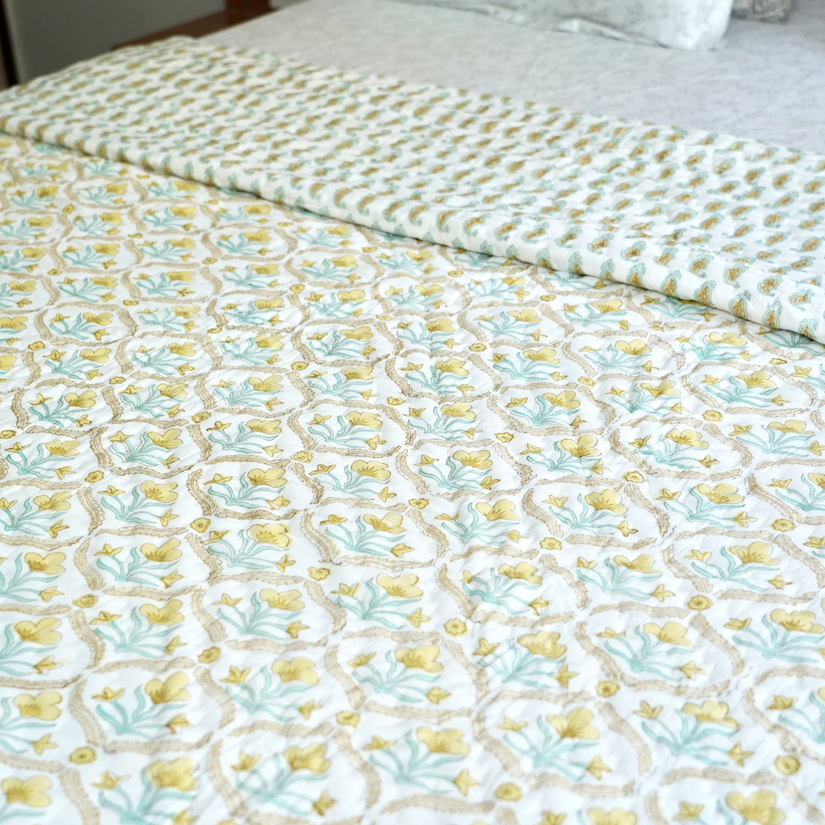 Yellow Bloom Trellis Reversible Hand Block Printed Cotton Quilt