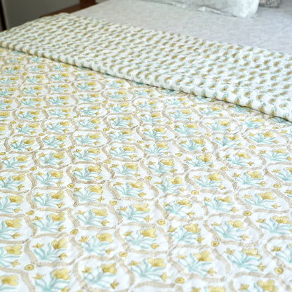 Yellow Bloom Trellis Reversible Hand Block Printed Cotton Quilt