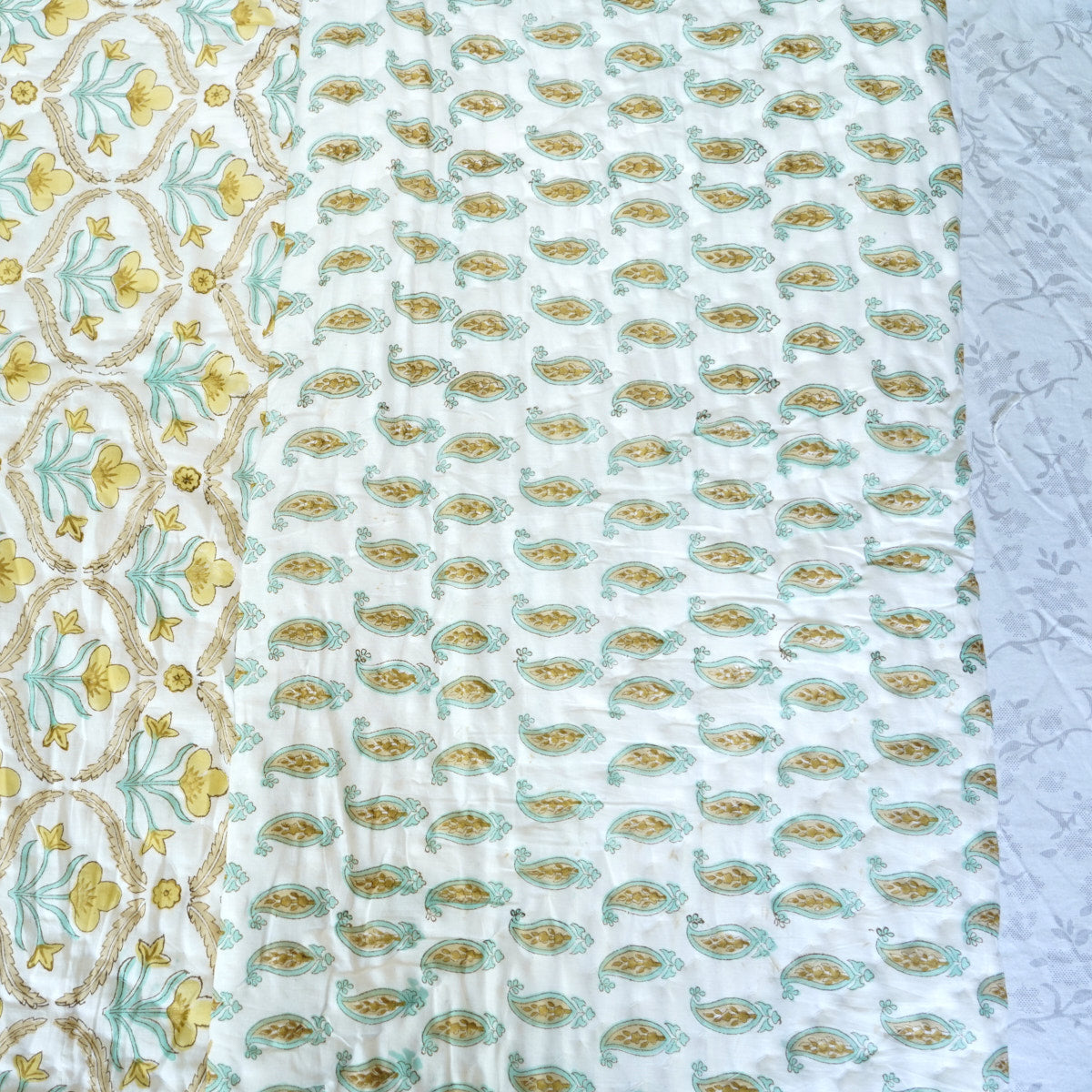 Yellow Bloom Trellis Reversible Hand Block Printed Cotton Quilt