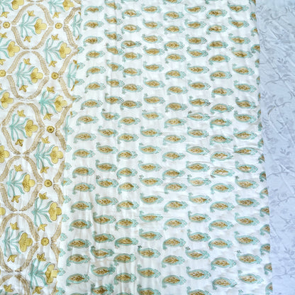 Yellow Bloom Trellis Reversible Hand Block Printed Cotton Quilt