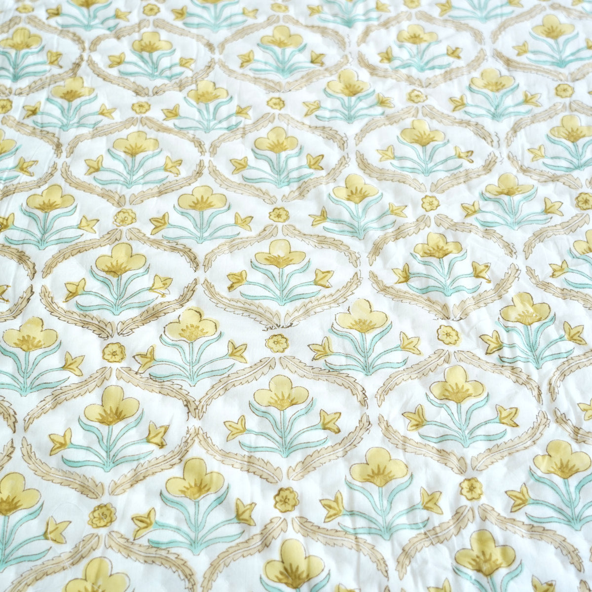 Yellow Bloom Trellis Reversible Hand Block Printed Cotton Quilt
