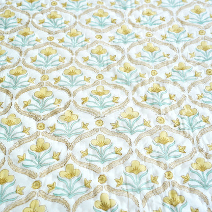 Yellow Bloom Trellis Reversible Hand Block Printed Cotton Quilt