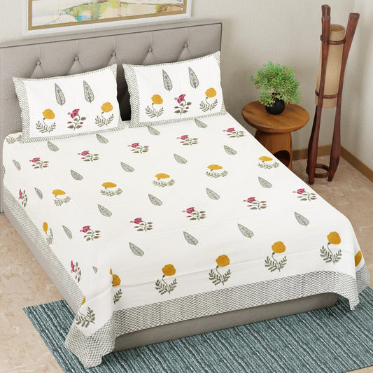 Yellow Blossom with Leaf Hand Block Printed Cotton Bedsheet