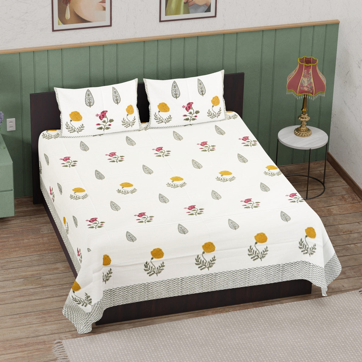 Yellow Blossom with Leaf Hand Block Printed Cotton Bedsheet