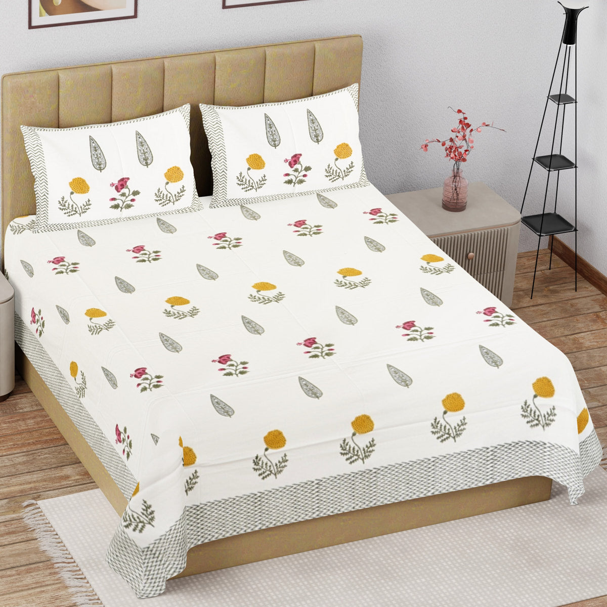 Yellow Blossom with Leaf Hand Block Printed Cotton Bedsheet
